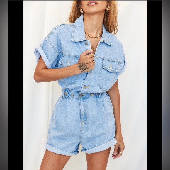 12th Tribe Hendrix Short Blue Denim Romper Size Small Medium - Picture 2 of 9